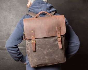 Waxed Canvas Backpack Leather Rucksack Men