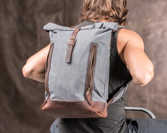 Rolltop Backpack for College and School, Handmade of Waxed Canvas, Water-Repellent Laptop Rucksack