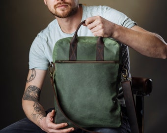 Green Computer Bag for 12 13 14 15 16 inch laptops, made of leather and waxed canvas, water-repellent and lightweight