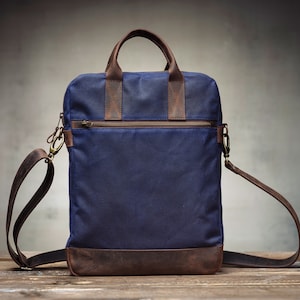 Maletín Azul Marino para Hombre, Bandolera Bandolera de Piel y Lona Encerada, repelente al agua