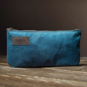 Zipper Pouch made of blue waxed canvas, Custom Pencil Case and Purse Organizer, water-repellent and multiple colors