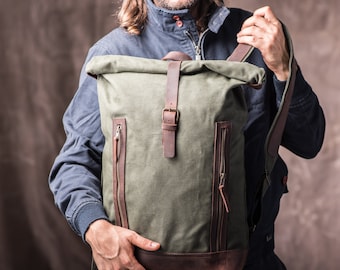 Roll Top gepersonaliseerde rugzak, gewaxt canvas RollTop voor studenten en universiteiten, handgemaakt om boeken te dragen