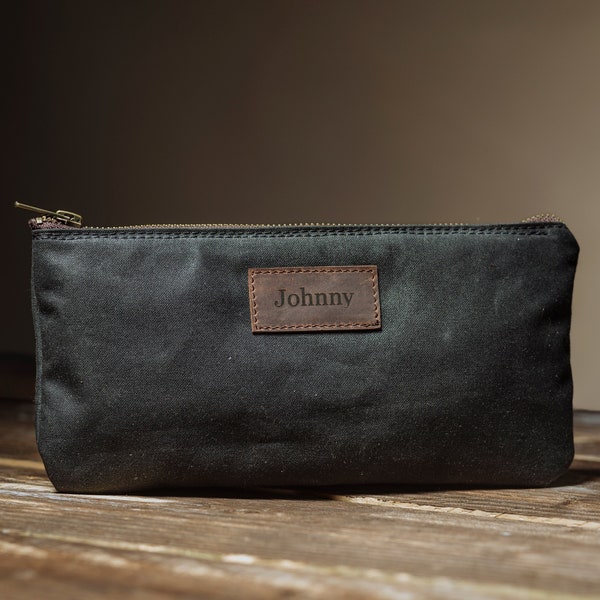 Custom Slim Pouch, Toiletry Bag made of waxed canvas, lightweight and water-repellent, multiple colors