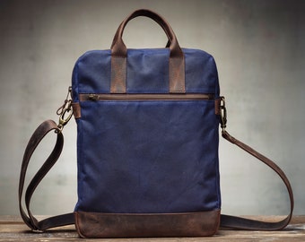 Navy Blue Briefcase for Men, Shoulder Strap Messenger Bag made of Leather and Waxed Canvas, water-repellent