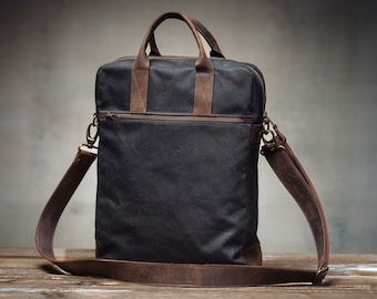 Black Messenger Bag Waxed Canvas Shoulder Bag with Leather handles and Shoulder Straps for Laptops 12 13 14 15 16 inch