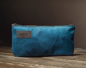 Zipper Pouch made of blue waxed canvas, Custom Pencil Case and Purse Organizer, water-repellent and multiple colors