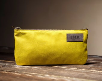Yellow Purse, Pencil Case, Minimalistic Organizer, Shaving Kit made of water-repellent waxed canvas, Groomsmen gift