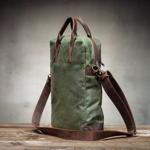 Green Computer Bag for 12 13 14 15 16 inch laptops, made of leather and waxed canvas, water-repellent and lightweight image 5