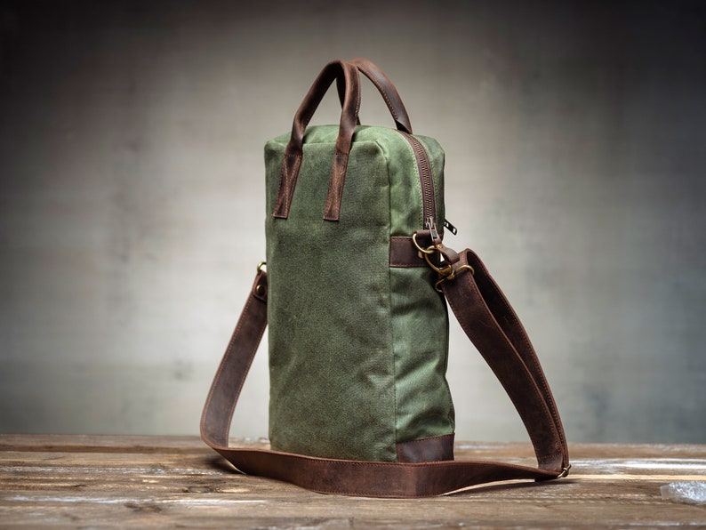 Green Computer Bag for 12 13 14 15 16 inch laptops, made of leather and waxed canvas, water-repellent and lightweight image 5