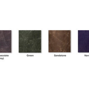 May include: Four fabric swatches in different colors: dark chocolate (grey), green, sandstone, and navy blue.