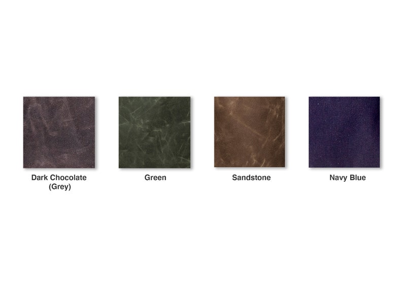May include: Four fabric swatches in different colors: dark chocolate (grey), green, sandstone, and navy blue.