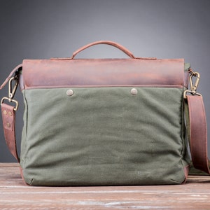 Satchel Bag for Men made of Waxed Canvas and Leather, Water-Repellent Green Personalized Bag for PC Computer image 5