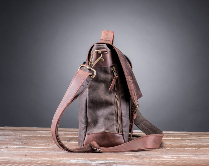Mens Leather Satchel Bag Canvas Satchel Multiple Pockets 2 Etsy