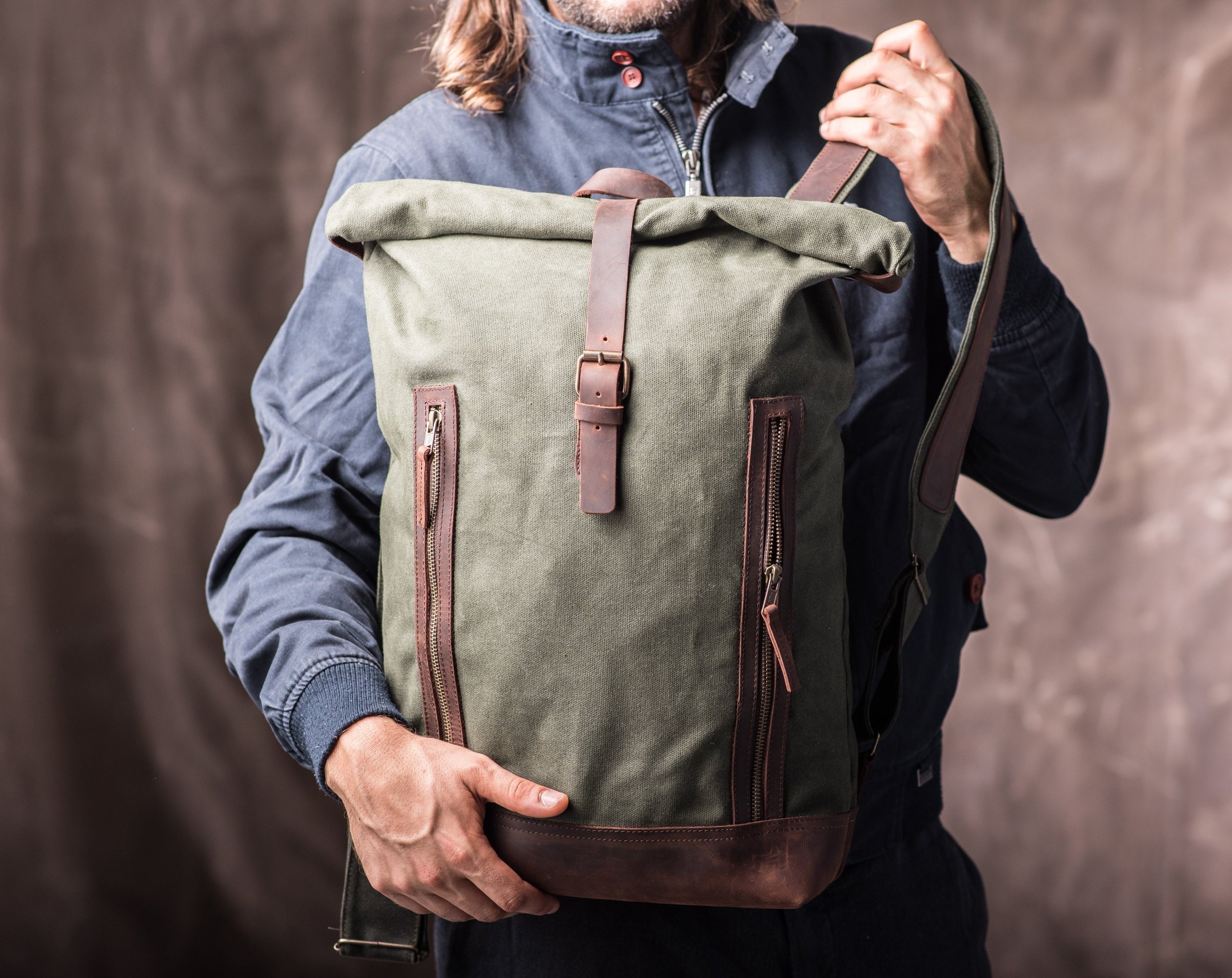 Waxed Canvas Backpack Roll Top Leather Details Green Canvas 