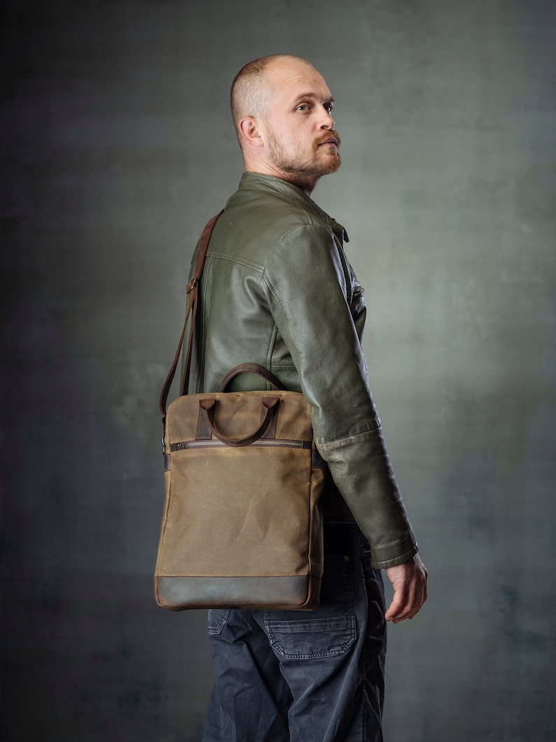 Braune Aktentasche für Männer, Crossbody Messenger Bag aus gewachstem Canvas und Leder, wasserabweisend für Laptops 12 13 14 15 16 Zoll Bild 1