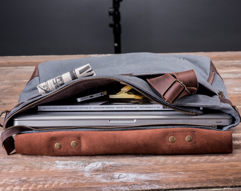 Mens Leather Satchel Bag Canvas Satchel Multiple Pockets 2 Etsy