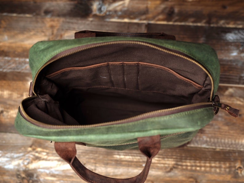 Green Computer Bag for 12 13 14 15 16 inch laptops, made of leather and waxed canvas, water-repellent and lightweight image 6