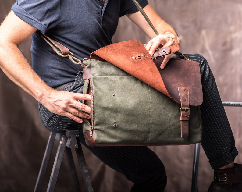 Satchel Bag for Men made of Waxed Canvas and Leather, Water-Repellent Green Personalized Bag for PC Computer image 2