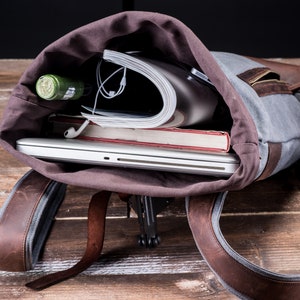 Roll Top Personalized Backpack, Waxed Canvas RollTop for Students and College, handmade to carry books image 7