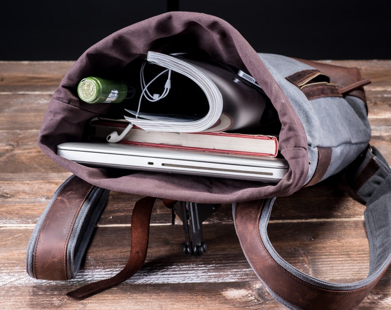 Roll Top Personalized Backpack, Waxed Canvas RollTop for Students and College, handmade to carry books image 7