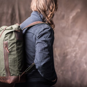 Roll Top Personalized Backpack, Waxed Canvas RollTop for Students and College, handmade to carry books image 2