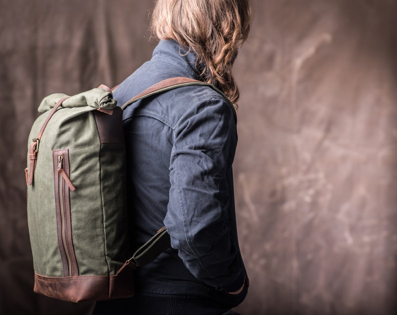 Roll Top Personalized Backpack, Waxed Canvas RollTop for Students and College, handmade to carry books image 2