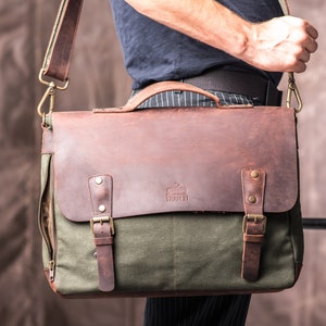 Satchel Bag for Men made of Waxed Canvas and Leather, Water-Repellent Green Personalized Bag for PC Computer image 3