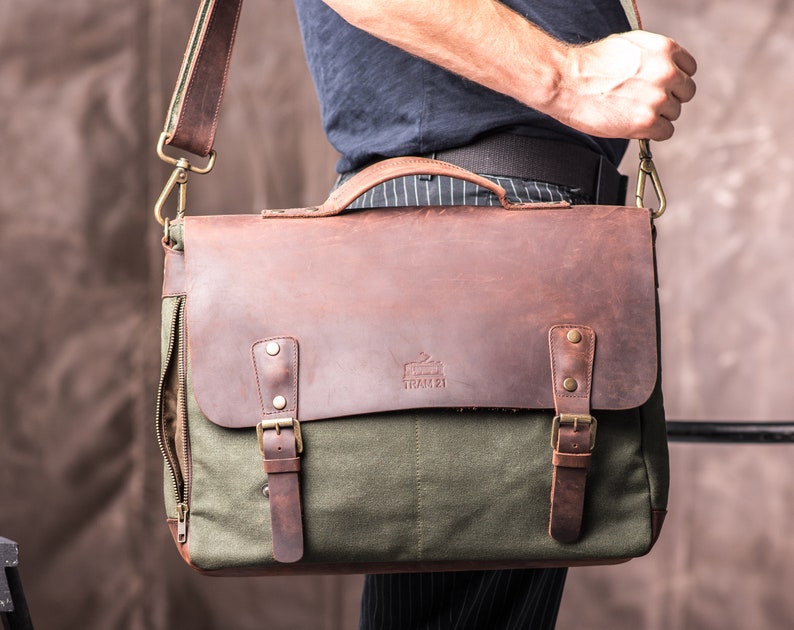 Satchel Bag for Men made of Waxed Canvas and Leather, Water-Repellent Green Personalized Bag for PC Computer image 3