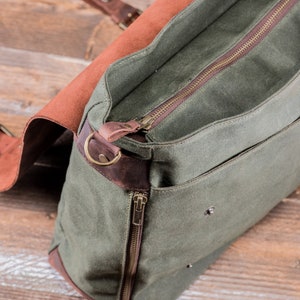 Satchel Bag for Men made of Waxed Canvas and Leather, Water-Repellent Green Personalized Bag for PC Computer image 6