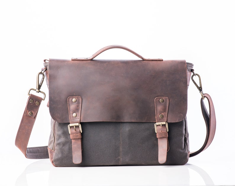 Mens Leather Satchel Bag Canvas Satchel Multiple Pockets 2 Etsy