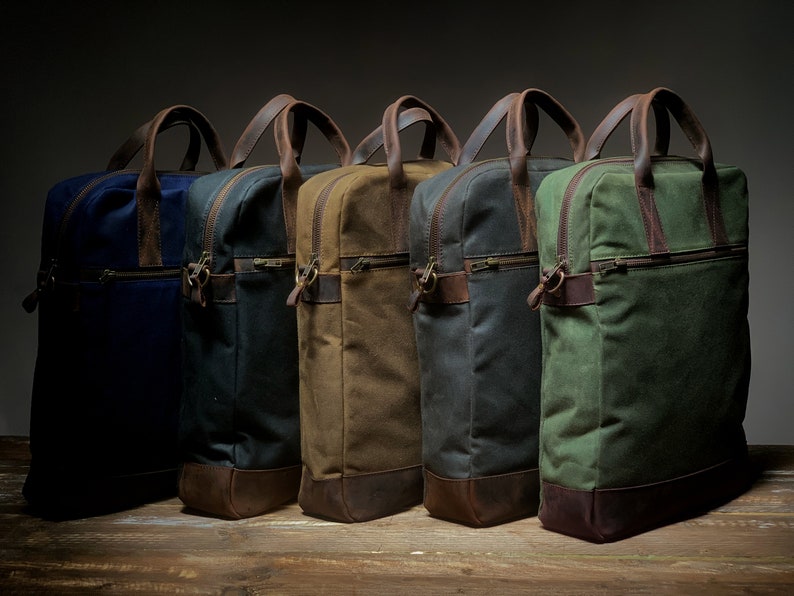 Green Computer Bag for 12 13 14 15 16 inch laptops, made of leather and waxed canvas, water-repellent and lightweight image 8