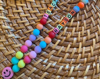 Custom TEACH Smiley Face Lanyard, Teacher Lanyard, Colorful Beaded Lanyard, ID/Badge Holder, Teacher Gift