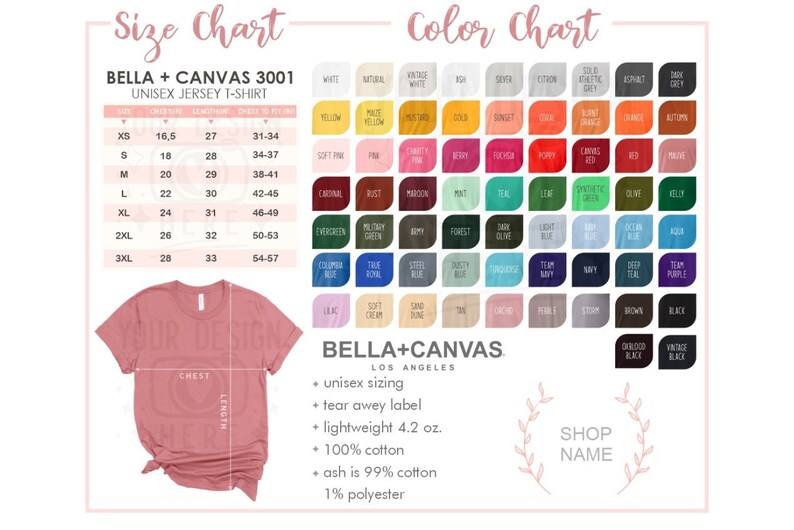 May include: A size chart and color chart for Bella + Canvas 3001 unisex jersey t-shirts. The chart shows sizes XS to 3XL with corresponding chest and length measurements in inches. The color chart shows a variety of colors, including white, black, red, blue, green, and yellow.