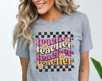 Colorful Teacher Checkered Tee, Teacher Apparel, Teacher Shirt, Cute Teacher Shirt, Teacher Crewneck, Groovy Teacher Tee