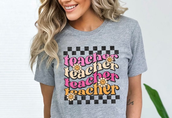 Colorful Teacher Checkered Tee, Teacher Apparel, Teacher Shirt, Cute Teacher Shirt, Teacher Crewneck, Groovy Teacher Tee