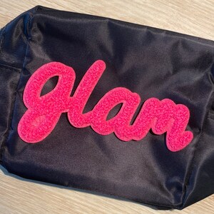 Bolso GLAM cosmético de nylon, letras de chenilla, bolso de maquillaje personalizable, bolso diario, bolso cosmético de tamaño de viaje, bolso GLAM