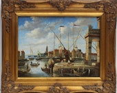 Antique oil painting on wood panel, European harbor city view, framed, unsigned