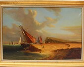Large antique oil painting on canvas, coastal landscape, framed, signed Dumov