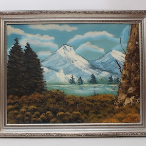Pintura al óleo vintage sobre lienzo, paisaje, vista a la montaña, firmada por R.Dean, enmarcada