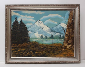 Vintage oil painting on canvas, landscape, mountain view, signed R.Dean,framed