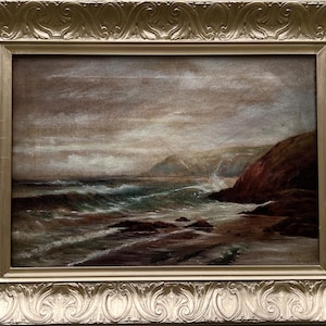 Original 19th century Antique Oil painting on canvas, seascape, Signed, Framed