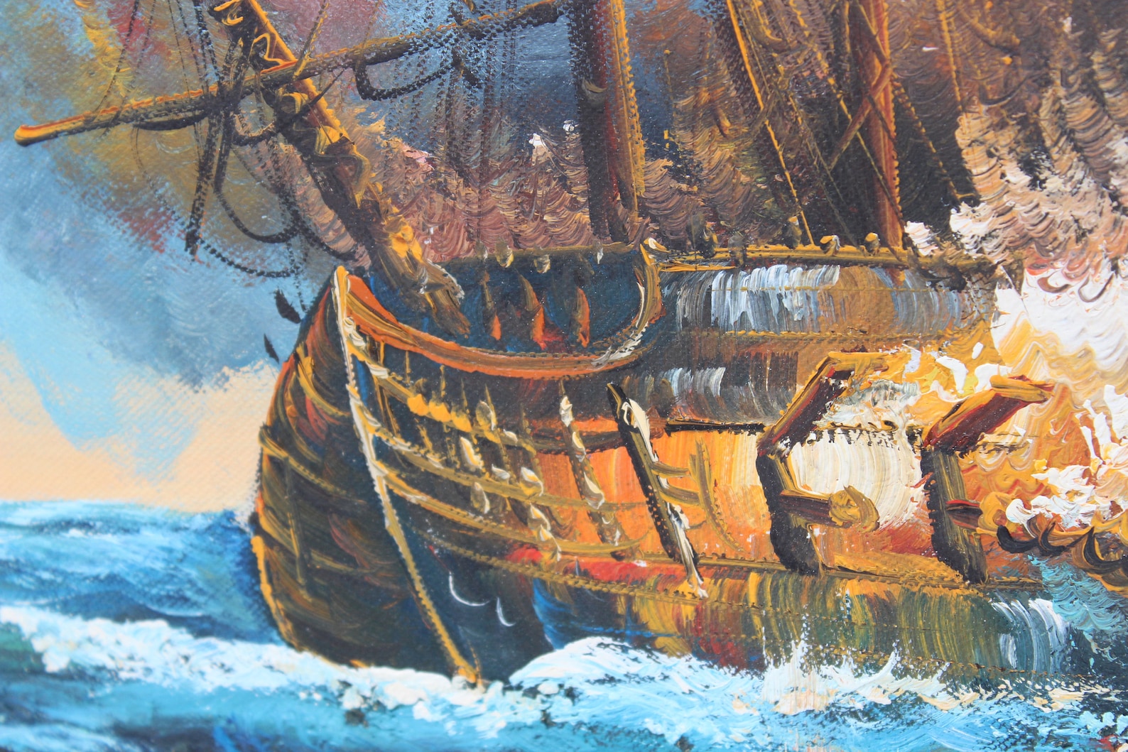 J.harvey Large Oil Painting on Canvas, Ships BATTLE AT SEA, Signed