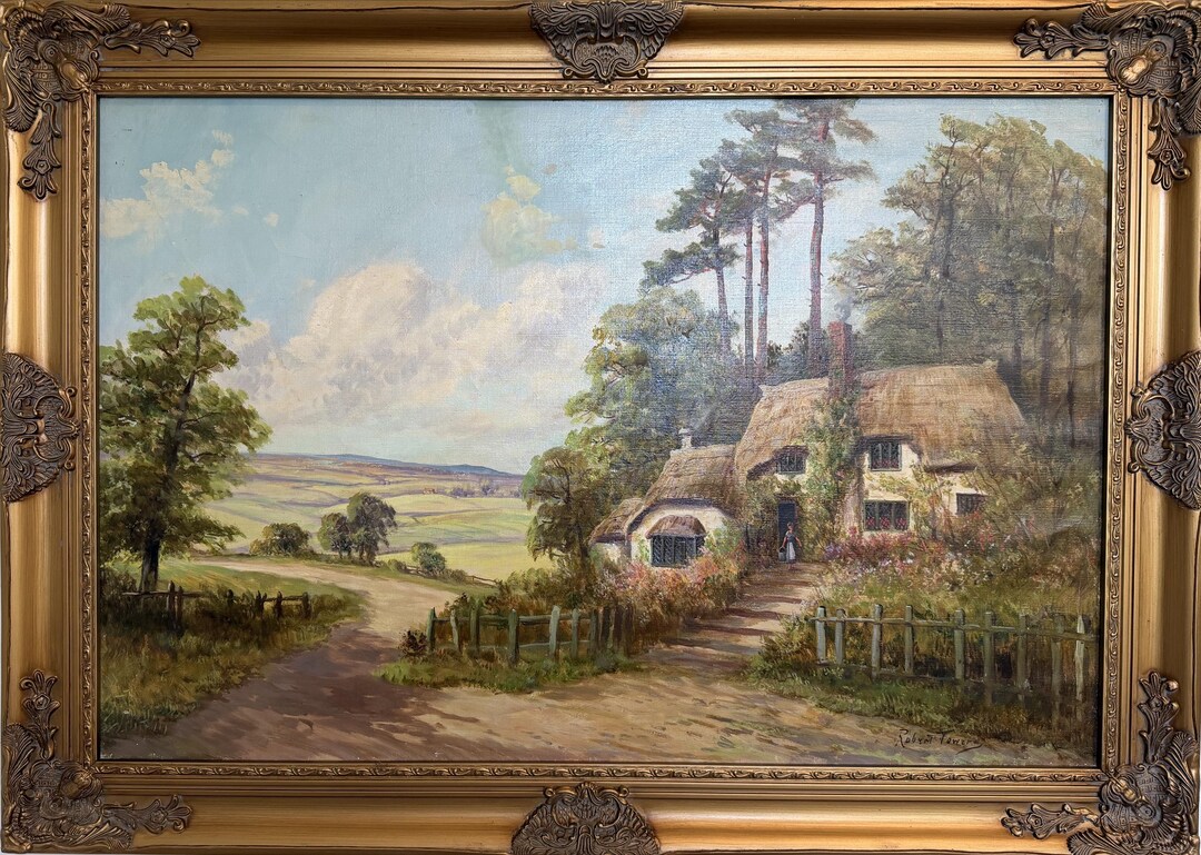 Vintage Oil Painting English Cottage Landscape Robert Towers British ...