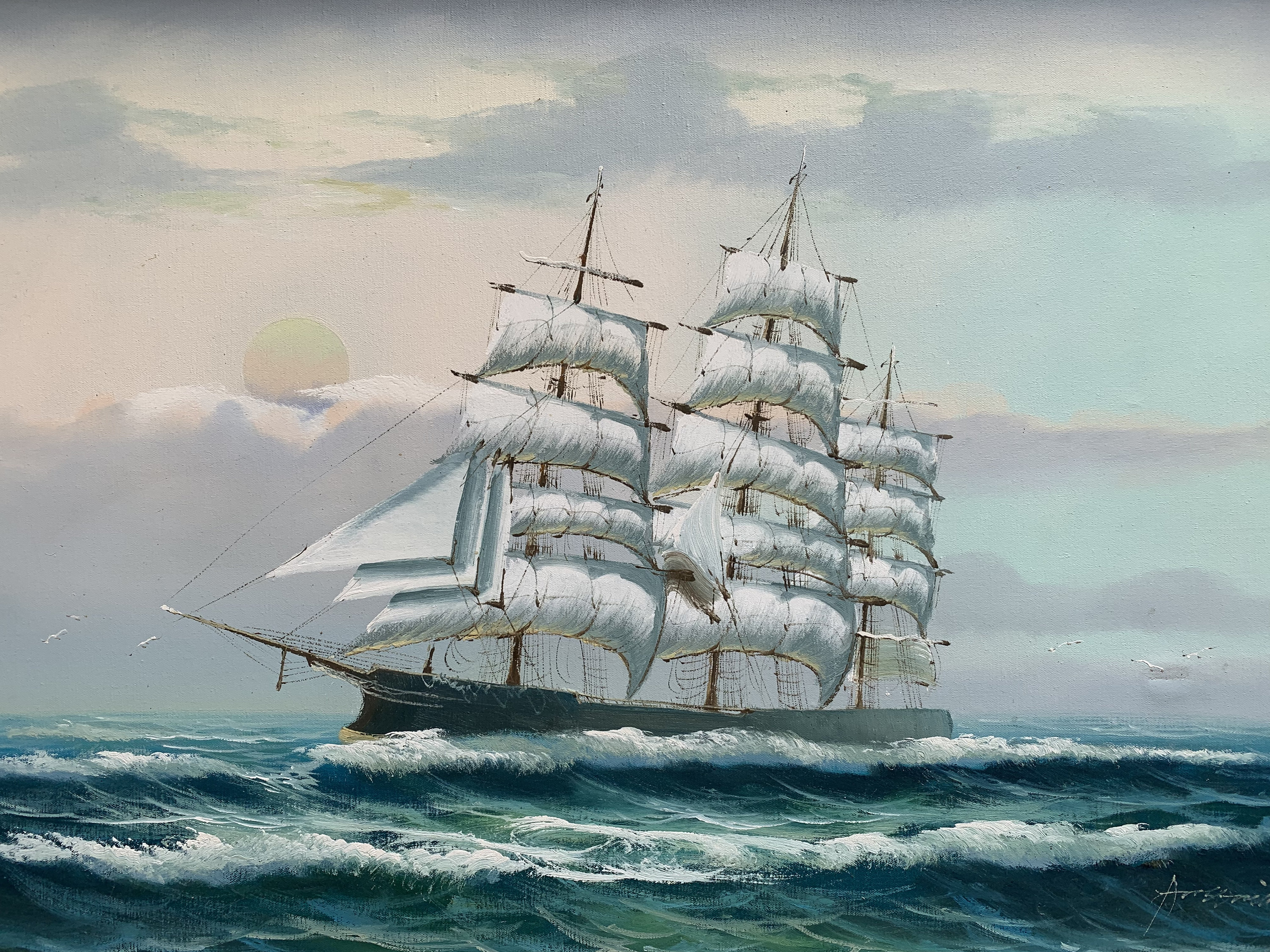 Large Framed Oil painting on Canvas Sailing ship in the Etsy