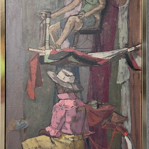 Large Original Vintage oil Painting on Canvas, Figures, Framed, Signed Colvin
