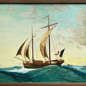 Pintura a óleo vintage 1991 em placas, paisagem marinha, Bugalet, assinada, datada, emoldurada