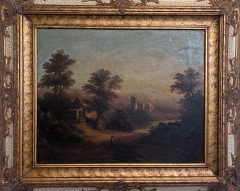 Antique 19 century Original Oil painting on board, Landscape, Amazing Frame