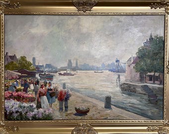 Oil painting on canvas, European Flower Market Scene, Signed R.Kardau, framed