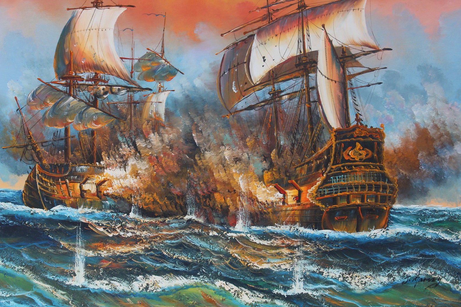 J.harvey Large Oil Painting on Canvas, Ships BATTLE AT SEA, Signed
