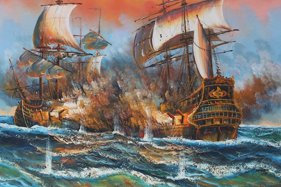 ジェイ・ロイバル　油絵 J.harvey Large Oil Painting on Canvas, Ships BATTLE AT SEA, Signed